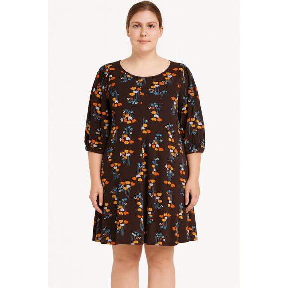 JFW Women's Retro Floral Puff Sleeve Dress - Size Medium -Brown Multicolor Print - Picture 1 of 6